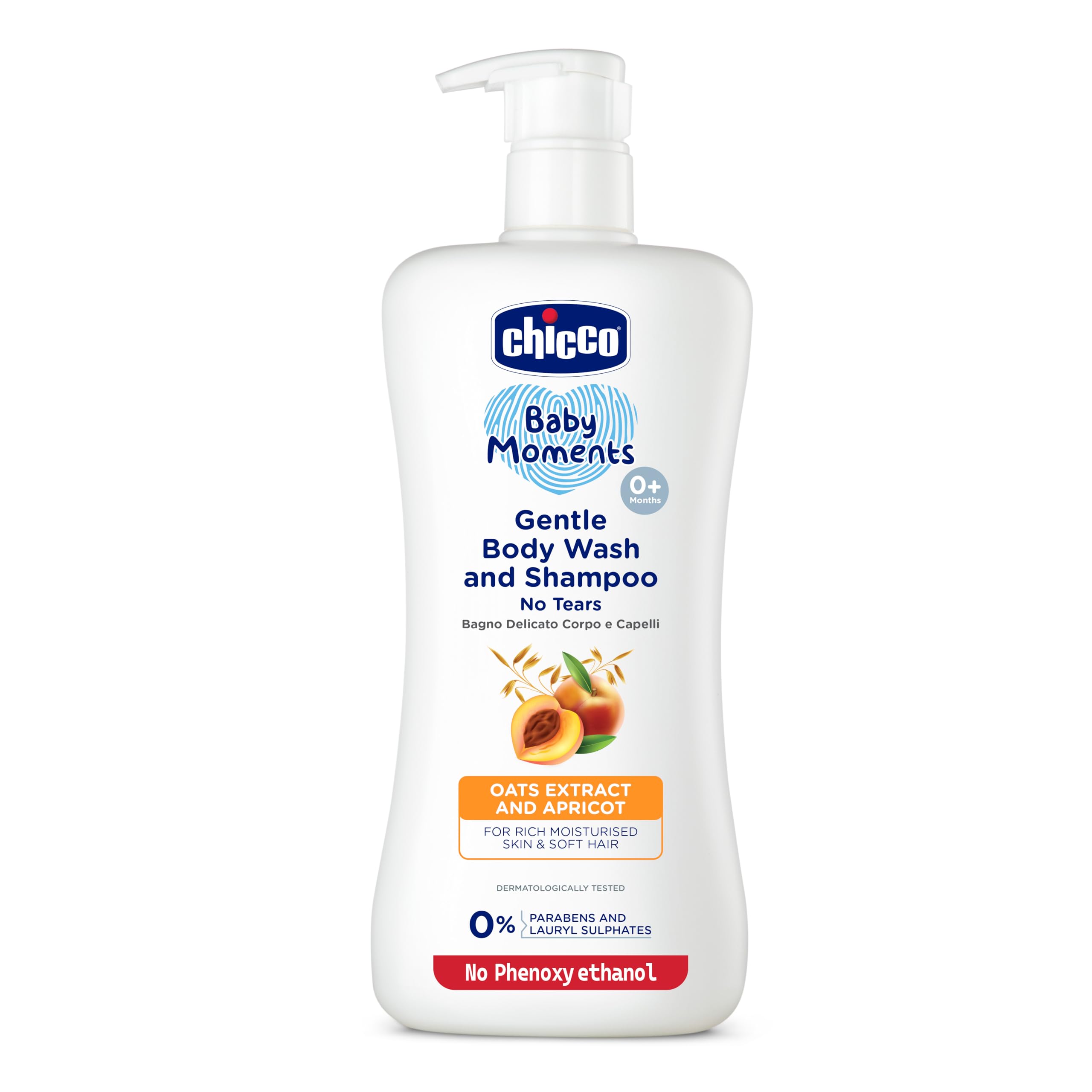 Chicco Baby Moments Gentle Bodywash & Shampoo with Oats Extracts & Apricot, 650ml | Head-to-Toe | No Tears Formula | Moisturized Skin & Hair | Dermatologically Tested | Parabens & Phenoxyethanol Free