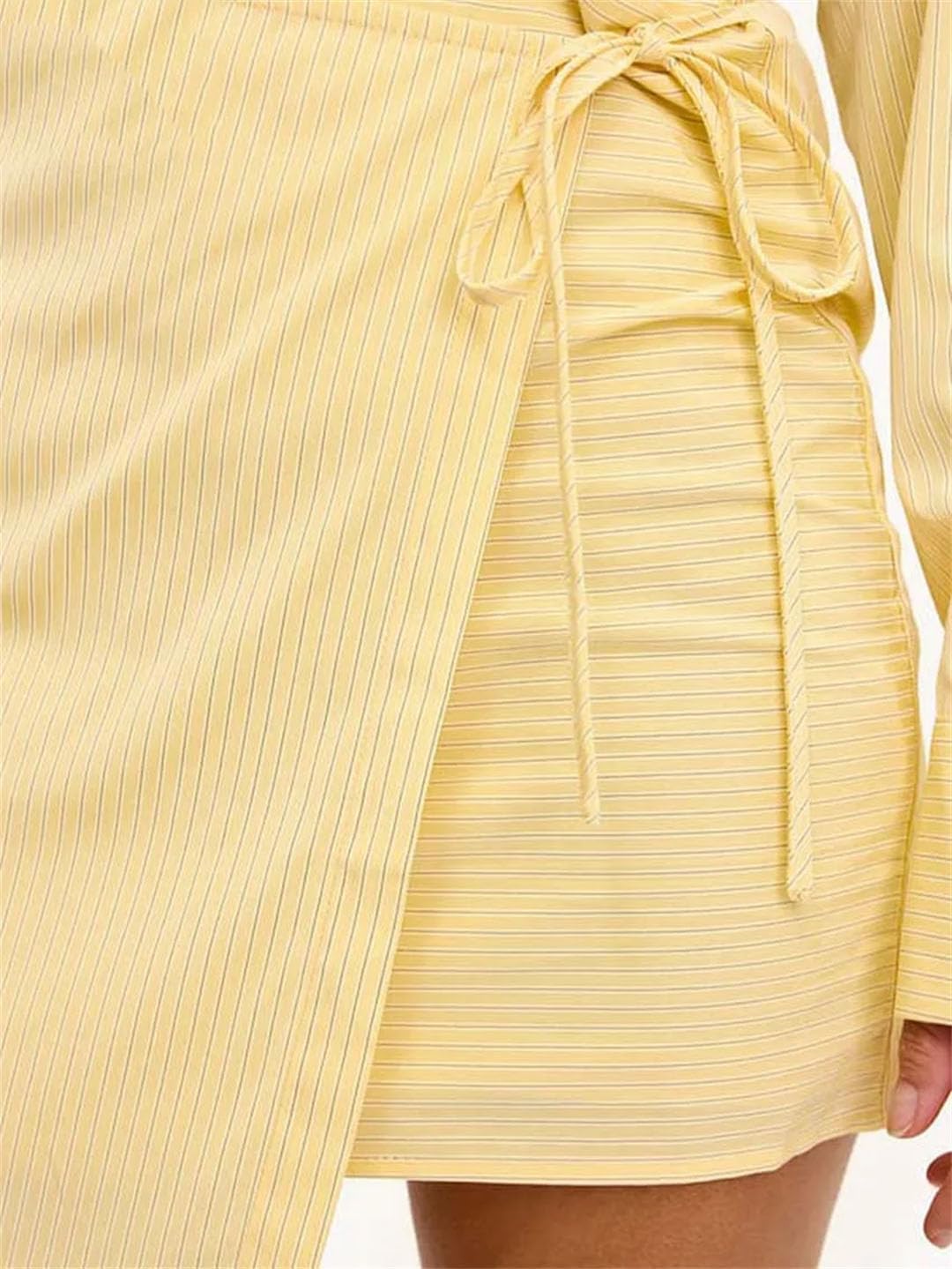 Women Yellow 2 Piece Long Sleeve Button Shirts and High Waist Lace-Up Slim Mini Skirts Sets