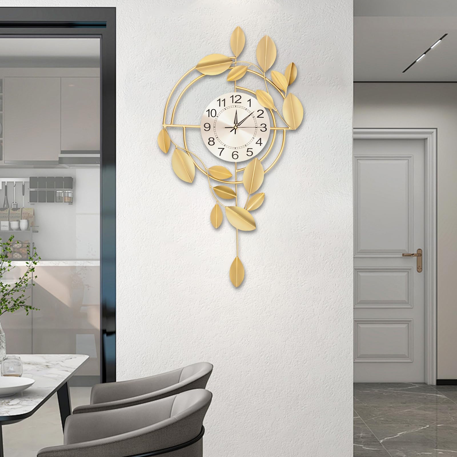 Groß Wanduhren Dekoration, 75x44cm Wanduhren Golden Leaf Wanduhr Metall Lautlos Wanduhr Modern Kreative Kunst Deko für Wohnzimmer Schlafzimmer Küche
