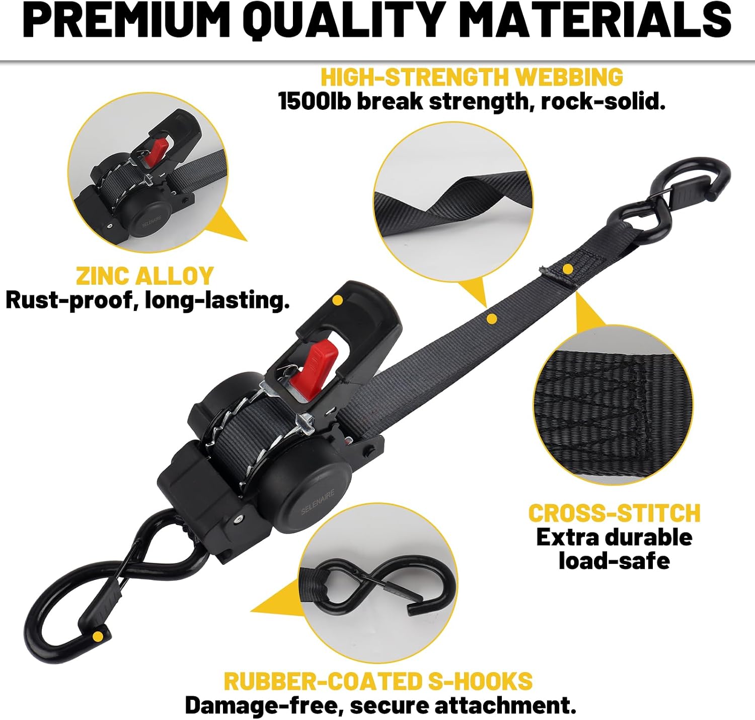 Retractable Ratchet Straps 1" x 12' (2 Pack) - 1,500lb Break Strength, Heavy Duty Bolt-on Tie Down Straps for Trailers, Boats, Jet Skis, Motorcycles, ATV - Secure Cargo for Hauling & Towing
