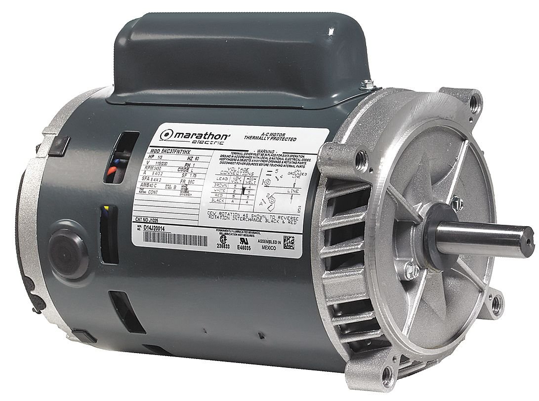 Marathon C330 56C Frame Open Drip Proof 5KC36JN268X Oil Burner Motor, 1/2 hp, 3600 RPM, 115/230 VAC, 1 Phase, 1 Speed, Ball Bearing, C-Face Footless Mount, Capacitor Start