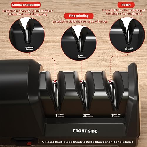 Miniatura 4 de Afilador de cuchillos eléctrico profesional de doble cara con abrasivos de diamante y guías de precisión de 3 etapas para cuchillos de cerámica
