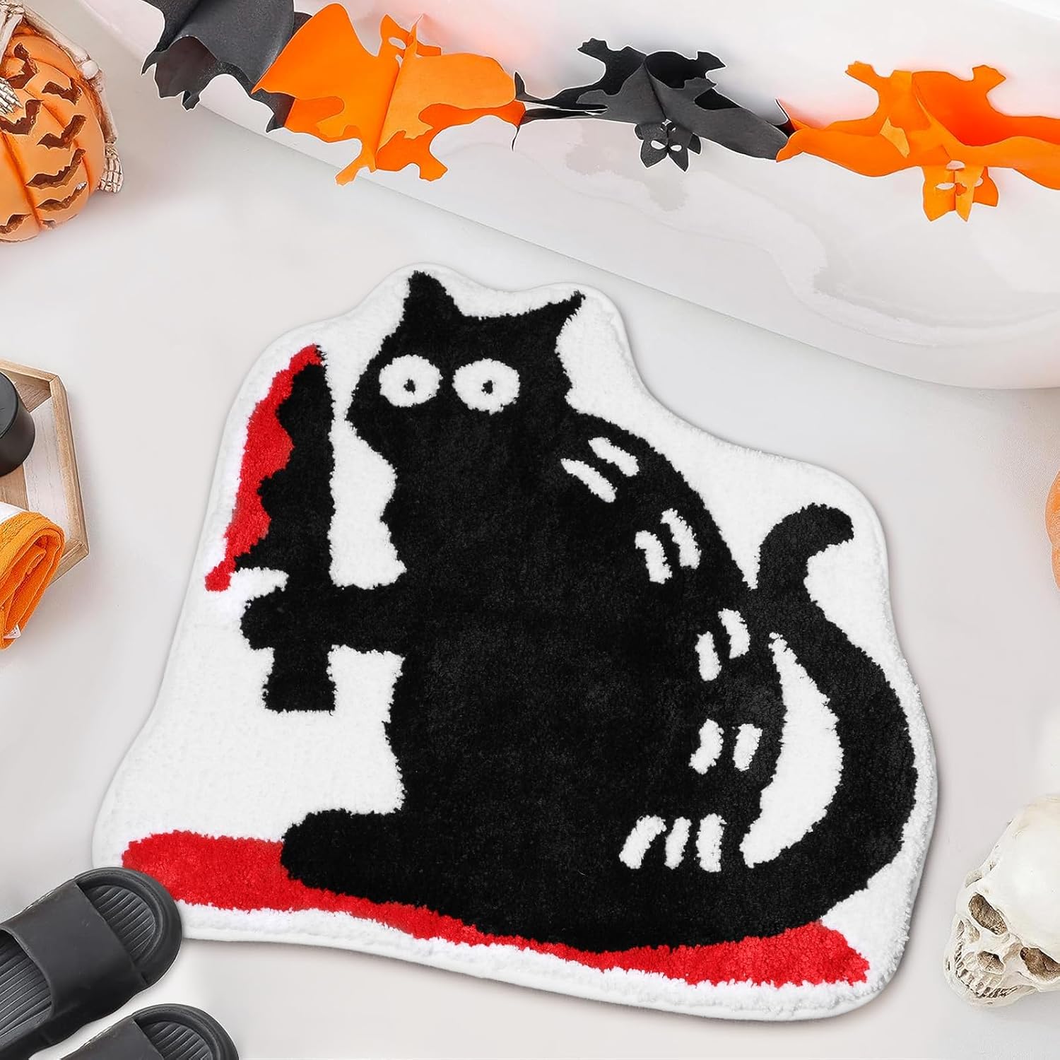 Percozzi Murder Cat Bath Mat Knife Cat Tufted Rug Black Funny Cat Floor Mat for Bathroom Kitchen Door Mat Soft Non-Slip Bloody Plush Rug Holiday Room Decor Housewarming Gift
