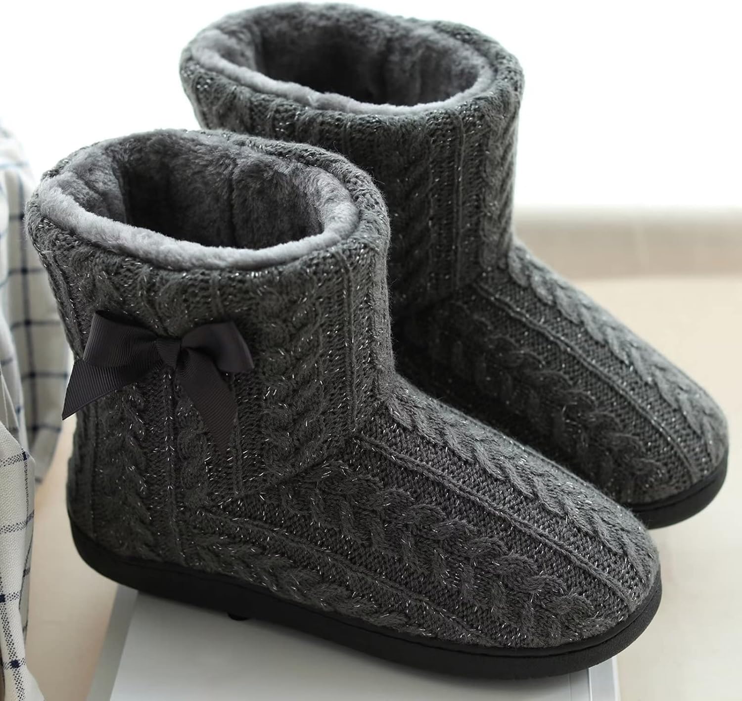 Slipper Boots Women Knit Plush Lining Winter House Shoes Memory Foam Indoor Outdoor - Image 3