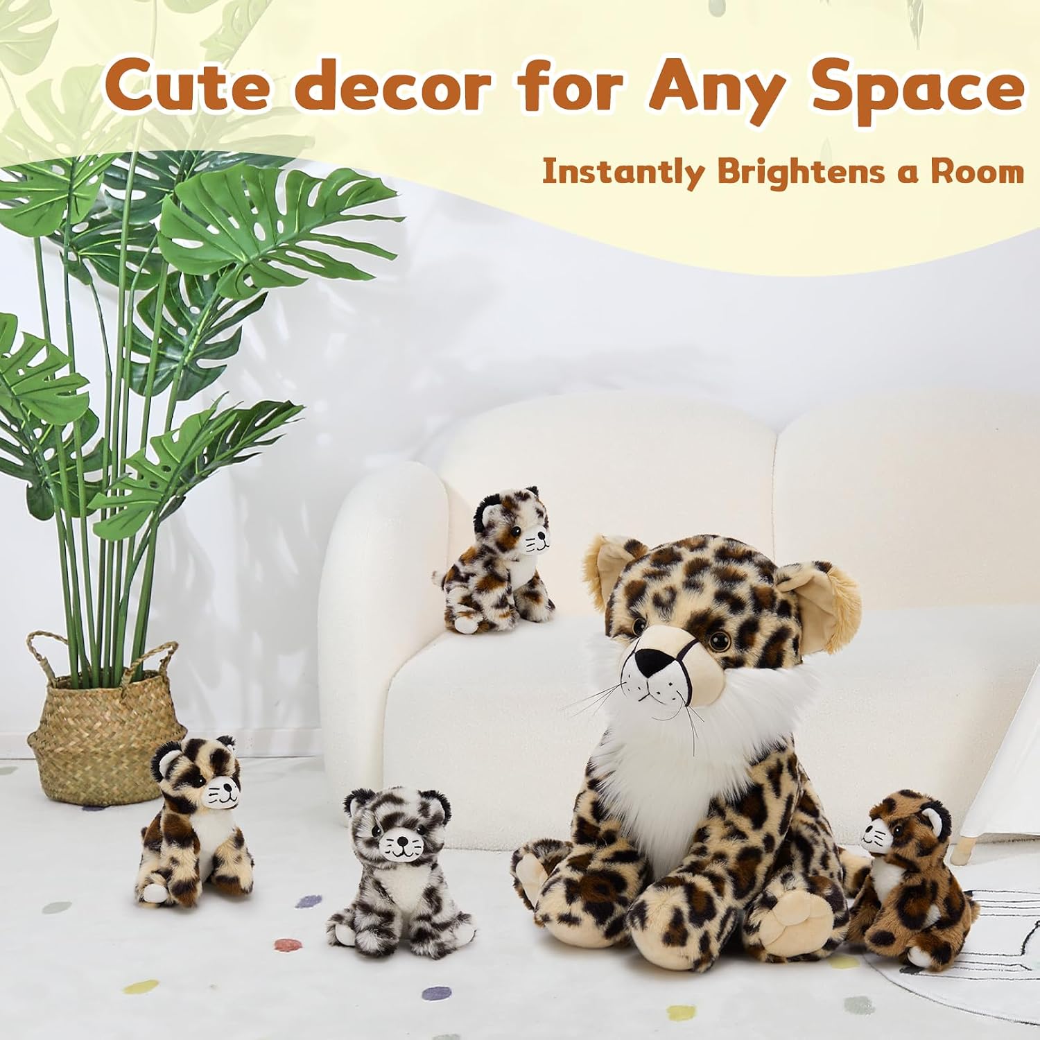 MorisMos 5Pcs Cheetah Stuffed Animal, 14 Inch Cheetah Mommy with 4 Baby, Soft Stuffed Leopard Plush Gifts for Kids, Boys, Girls, Toddler