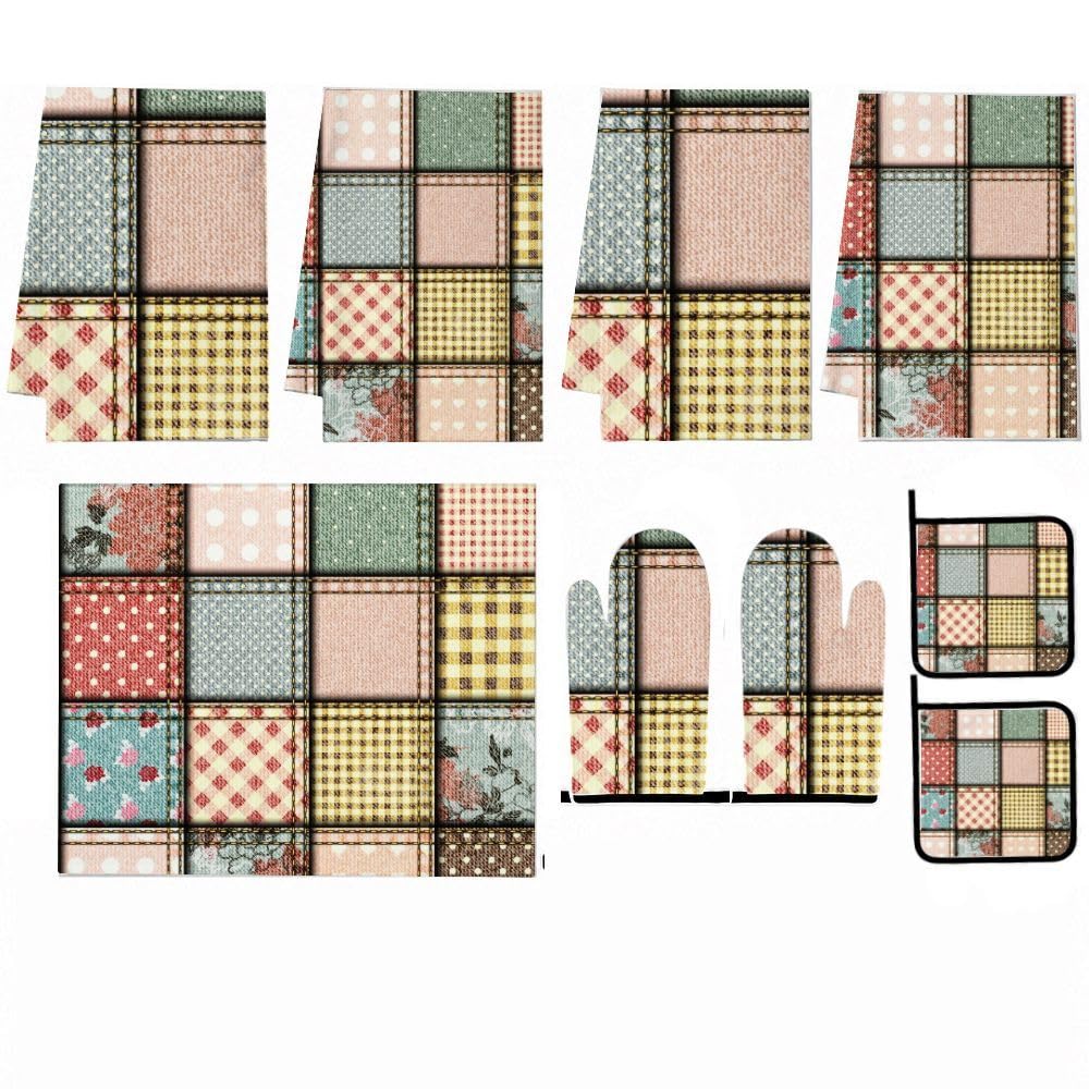 9PCS Vintage Patchwork Quilt Cucina Decor e Accessori Set