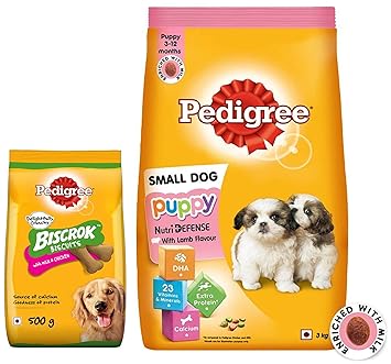 Pedigree Puppy Small Dog Dry Food, Lamb & Milk Flavour ? 3 Kg Pack & Pedigree Biscrok Biscuits Dog Treat (Above 4 Months), Milk and Chicken Flavor, 500g Pack