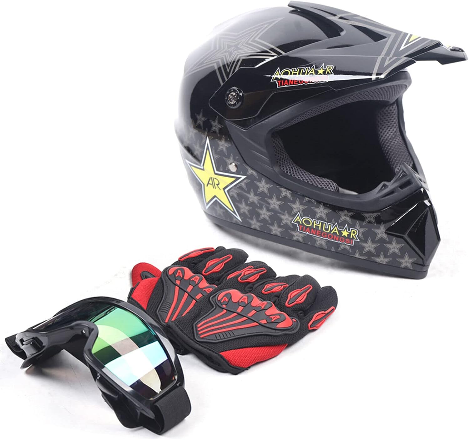 Motorcycle Full Face Helmet, Motorcross Dirt Bike ATV UTV Off Road MTB Racing Casco, DOT Lightweight Helmets with Goggle Glove for Adults Men