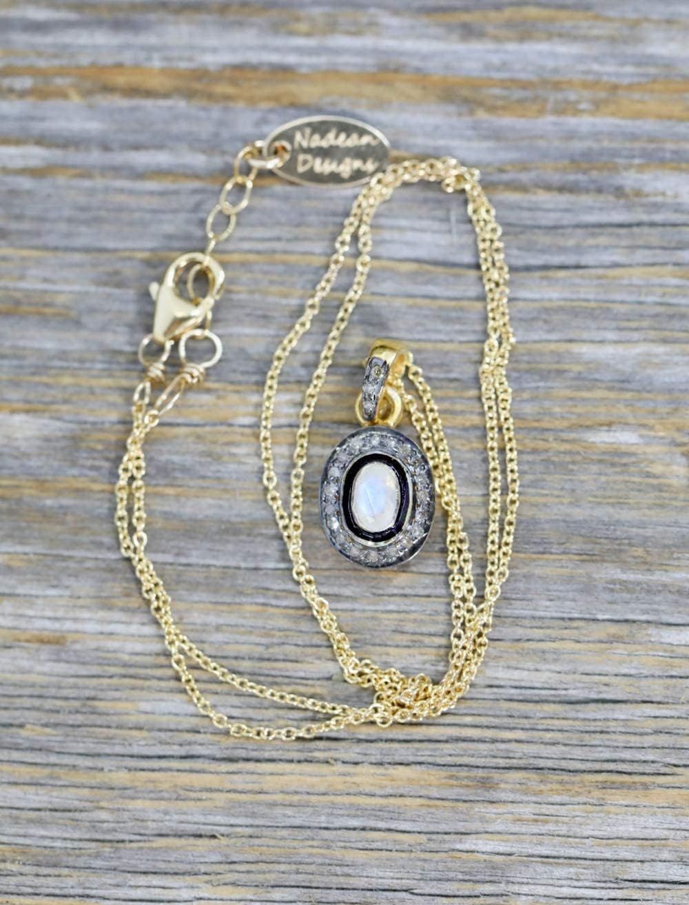 Genuine Blue Sapphire Oval Pendant Necklace- Vintage Style Pendant- Rose Cut-Pave Diamond-Mixed Metal-Women's Jewelry Gift Idea- September Birthstone-Holiday - Image 5