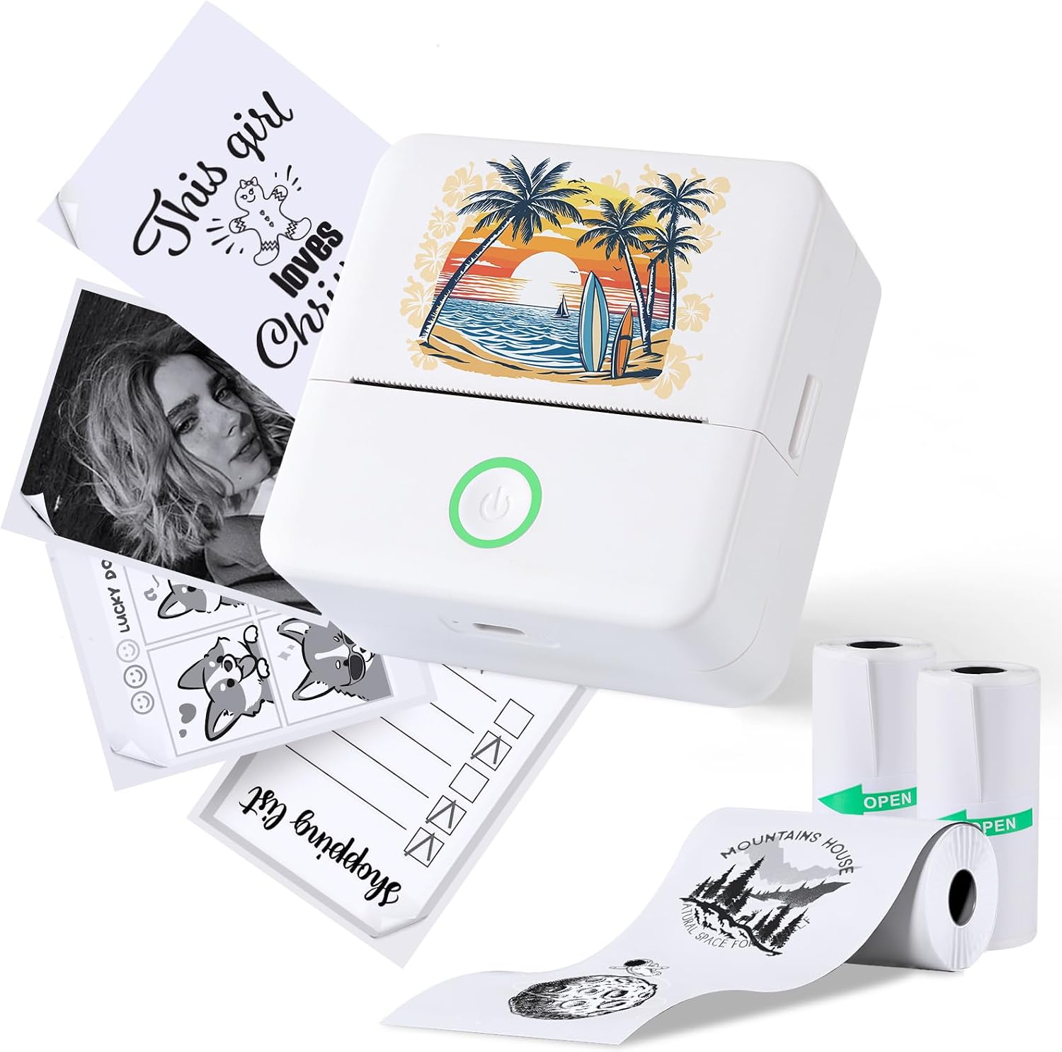 Print Pods Mini Printer Thermal Inkless Sticker Maker with 3 Rolls Paper Pocket Printing Pods for Cell Phone Memo Flash Card Diary DIY Calife Beach
