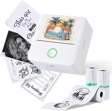 Print Pods Mini Printer Thermal Inkless Sticker Maker with 3 Rolls Paper Pocket Printing Pods for Cell Phone Memo Flash Card Diary DIY Calife Beach
