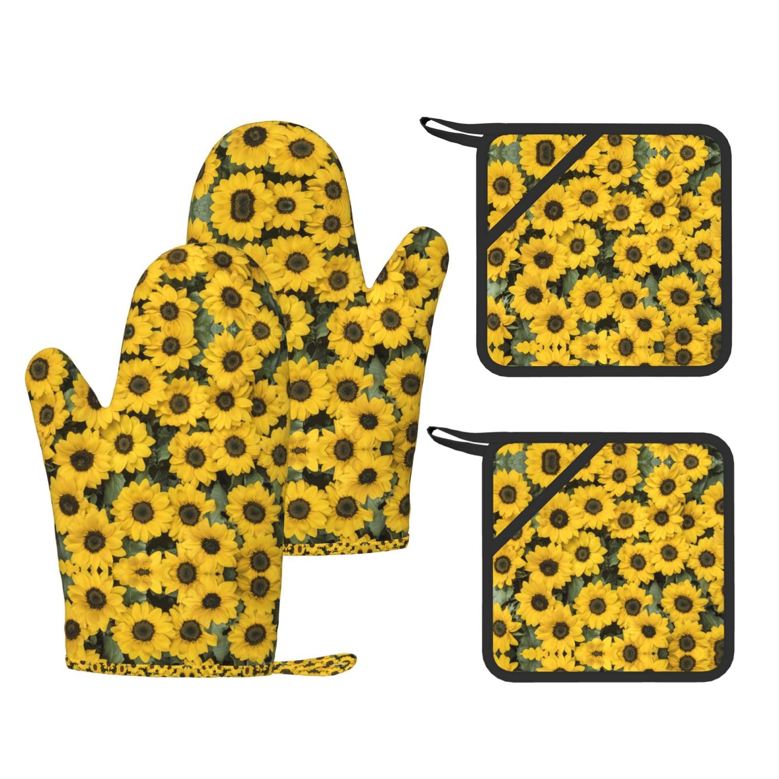 Cute Sunflower Printed Pot Holders and Oven Mitts 4-Piece, Non-Slip Kitchen Gloves with Utensil Pocket for BBQ