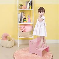 Vista 4 de WOOD CITY Taburete de madera para niños, taburete rosa de dos pasos para niños con asas, almohadillas antideslizantes adicionales para mayor