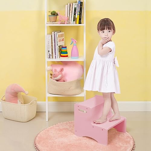 Miniatura 4 de WOOD CITY Taburete de madera para niños, taburete rosa de dos pasos para niños con asas, almohadillas antideslizantes adicionales para mayor