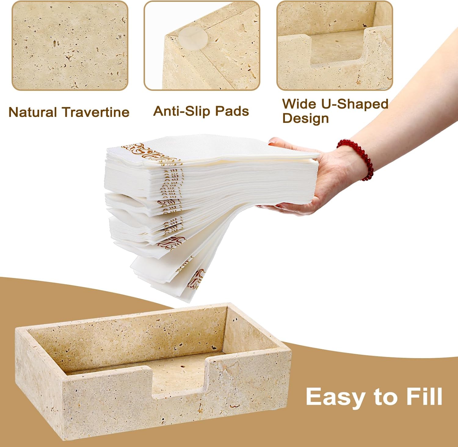 Sumnacon Guest Towel Holder for Bathroom, 9.9" x 5.6", Natural Travertine Guest Towel Napkin Holder Rectangle Paper Hand Towel Tray, Flat Dinner Napkin Holder for Table, Countertop, Bathroom Vanity - Image 5