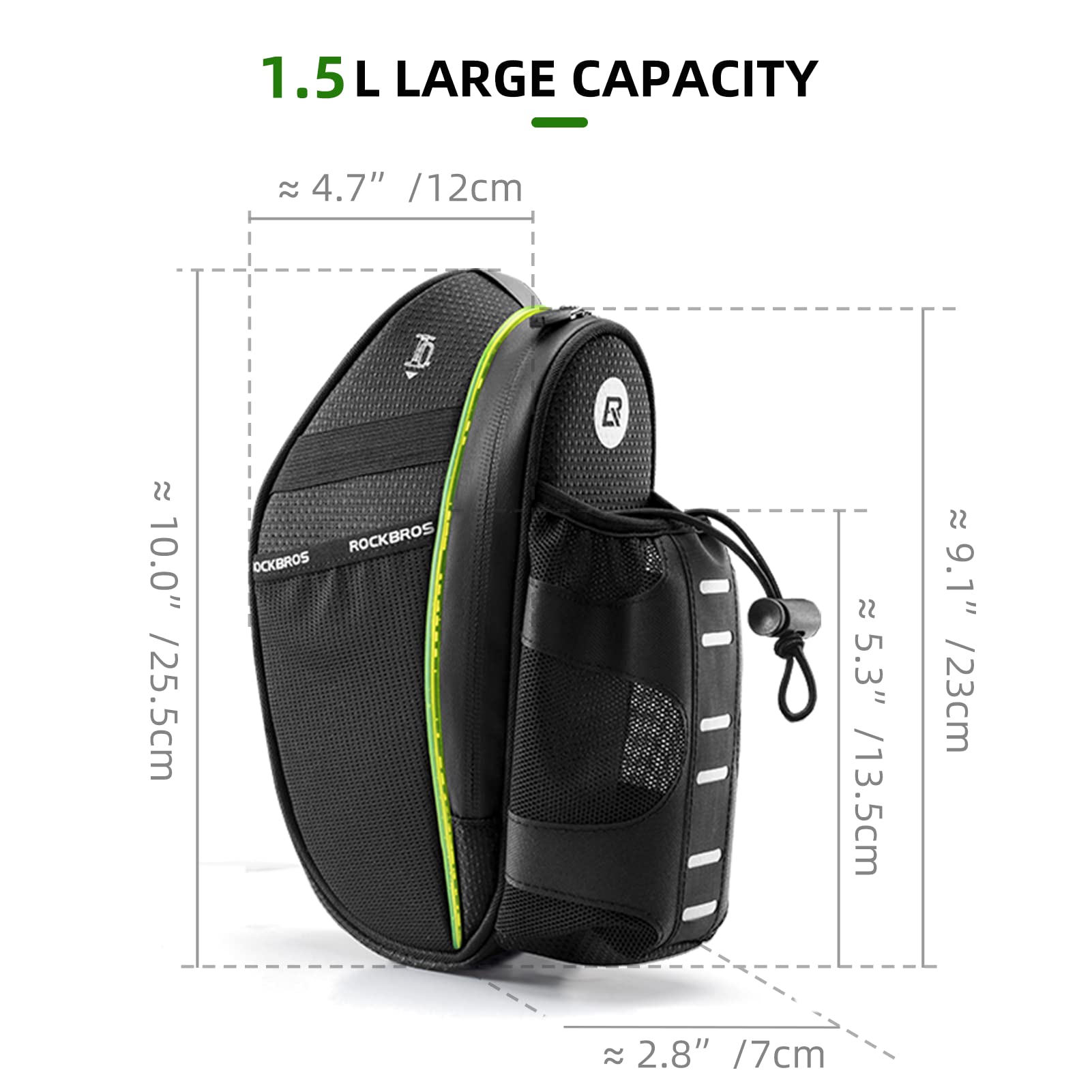 ROCKBROS - Bolsa de sillín de Bicicleta (1,5 L, con portabotellas, maletín de Marco de montaña, Color Negro