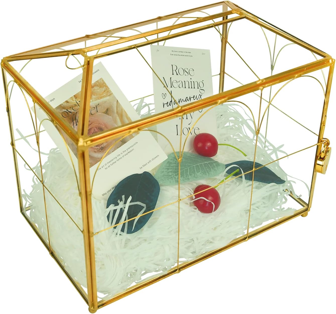 Wedding Gold Glass Card Box with Lock and Slot - Wedding Envelope Card Holder for Reception Handmade Gold Decorative Glass Terrarium, Party Centerpiece Gift Card Box Handmade Vintage Wedding Card Box
