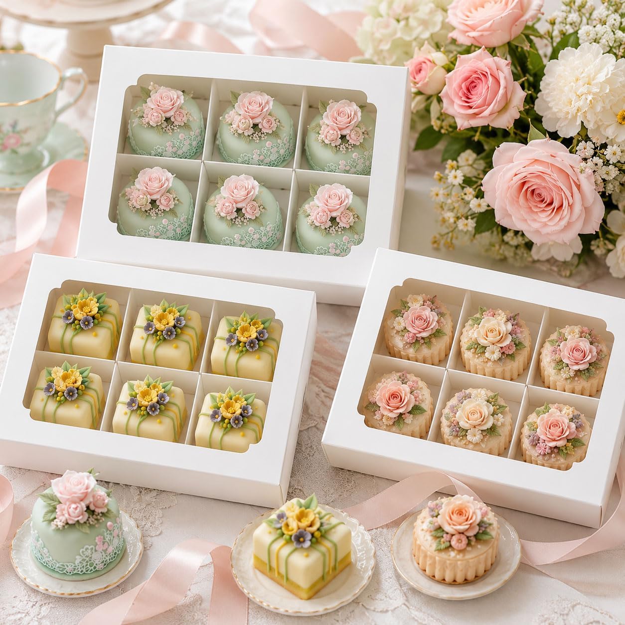 Zealax Bakery Boxes with Window and Dividers Cookie Packaging Small Treats for Gift Giving, Macaron Treat Boxes for Mini Cupcakes, Chocolate Covered Strawberries, White, 30 Pack, 9x6x2.5 Inch image 2