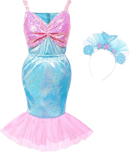 Vista 3 de Jeowoqao Disfraz de princesa de sirena, ropa de juego de simulación para niñas, regalo de 13 piezas, disfraz de princesa para niñas pequeñas de 3