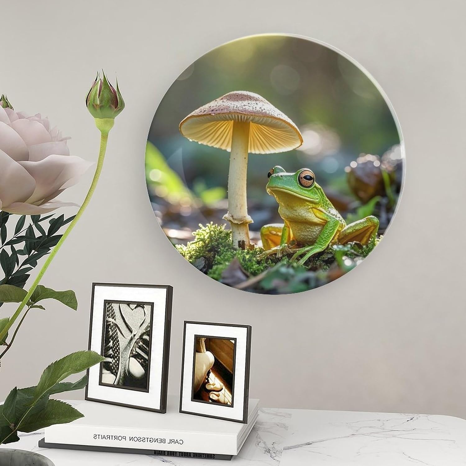 Cute Frog Under A Mushroom Decorative Ceramic Plate Round Porcelain Plate Decor Personalized Bone China Decorative Plates Ceramic Ornaments Dessert Plates with Display Stand 8inch