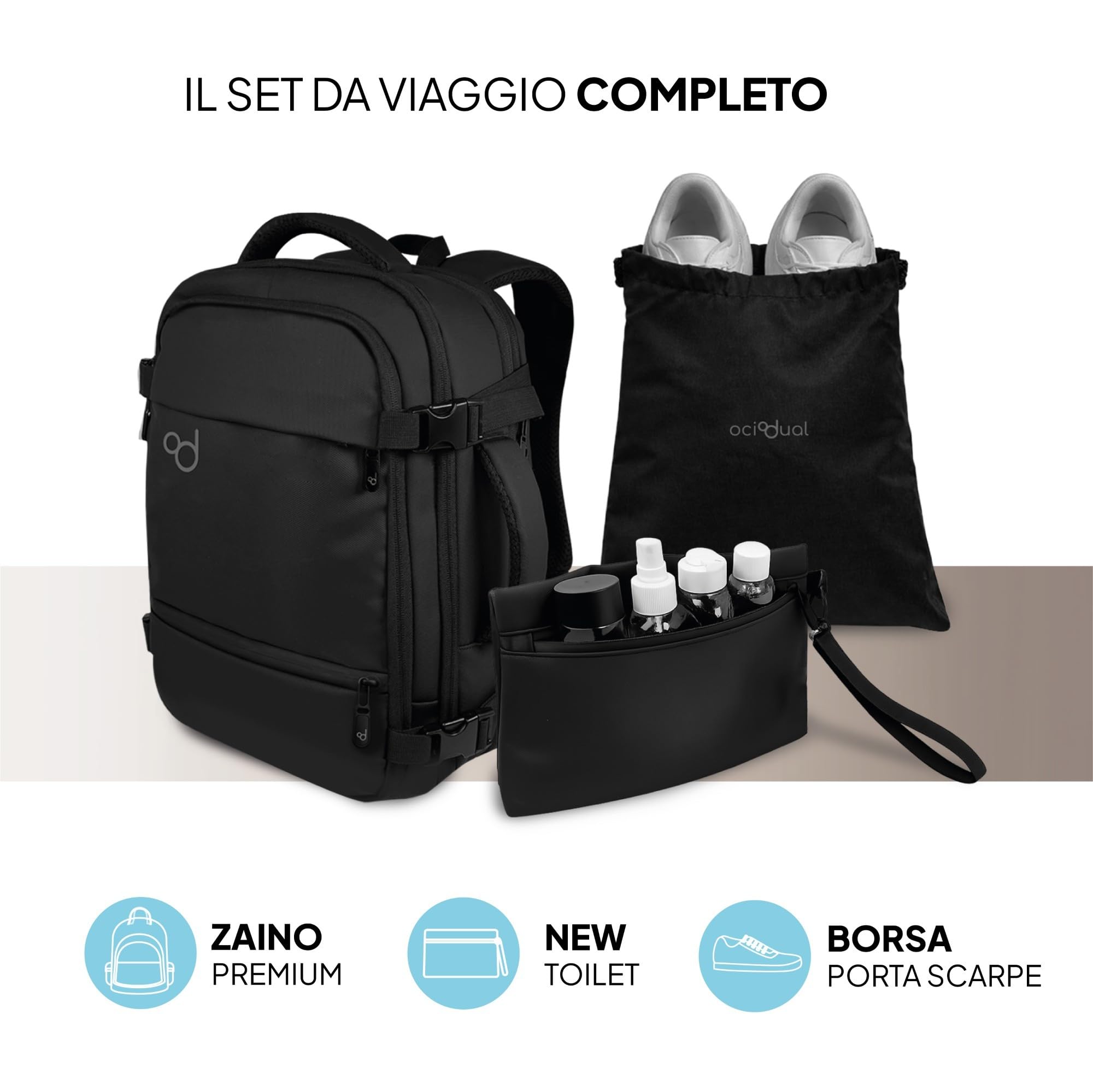 OcioDual Zaino da Viaggio 40x30x20 cm, Bagaglio a Mano Sottosedile, Zaino Cabina con Capienza Regolabile 40x30x17-20 cm, Scomparti Organizzati, Unisex, Nero