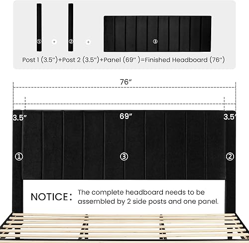 Miniatura 58 de SHA CERLIN Marco de cama matrimonial/plataforma tapizada de terciopelo con cabecero, soporte de listones de madera resistente, base de colchón, no