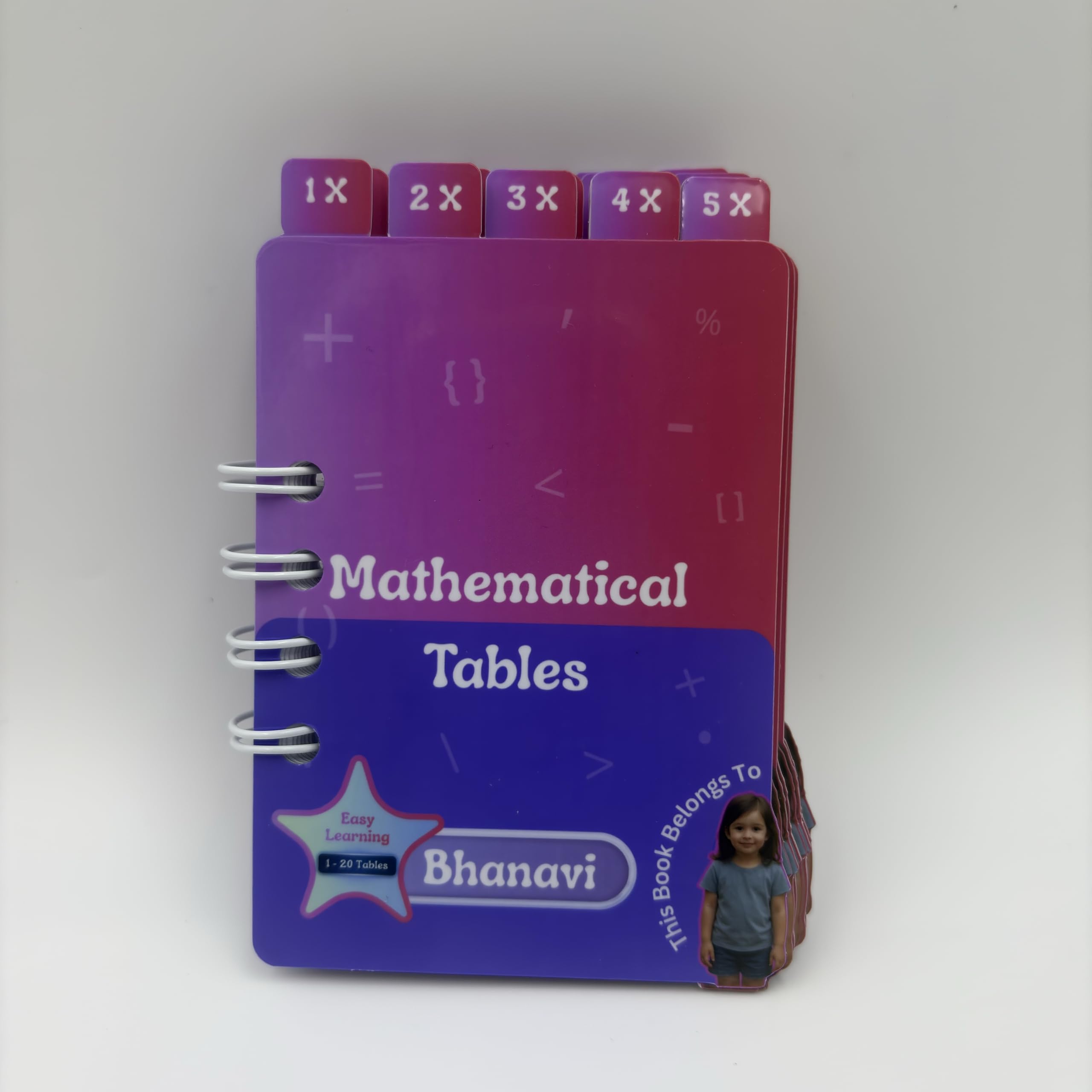 Personalized Multiplication Tables Mini Binder, Customizable Math Learning Book with Photo and Name, Educational Study Tool for Kids up to 20 Times Tables