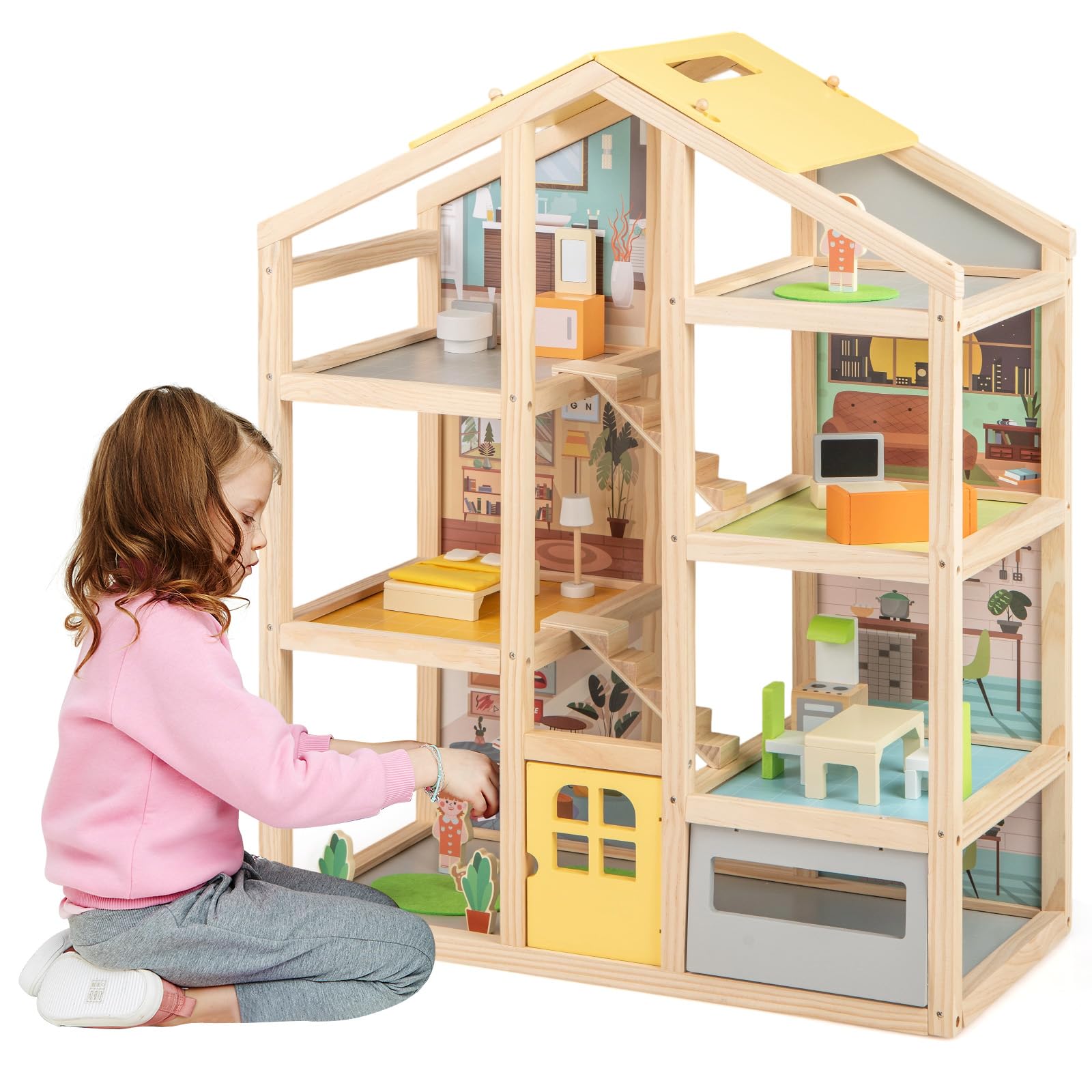 DREAMADE Puppenhaus aus Holz, Traumhaus mit 2 Figuren & 18 Möbelzubehörteilen, Dollhouse mit robuster Struktur & 7 Zimmern, Puppenvilla für Jungen & Mädchen ab 3 Jahren