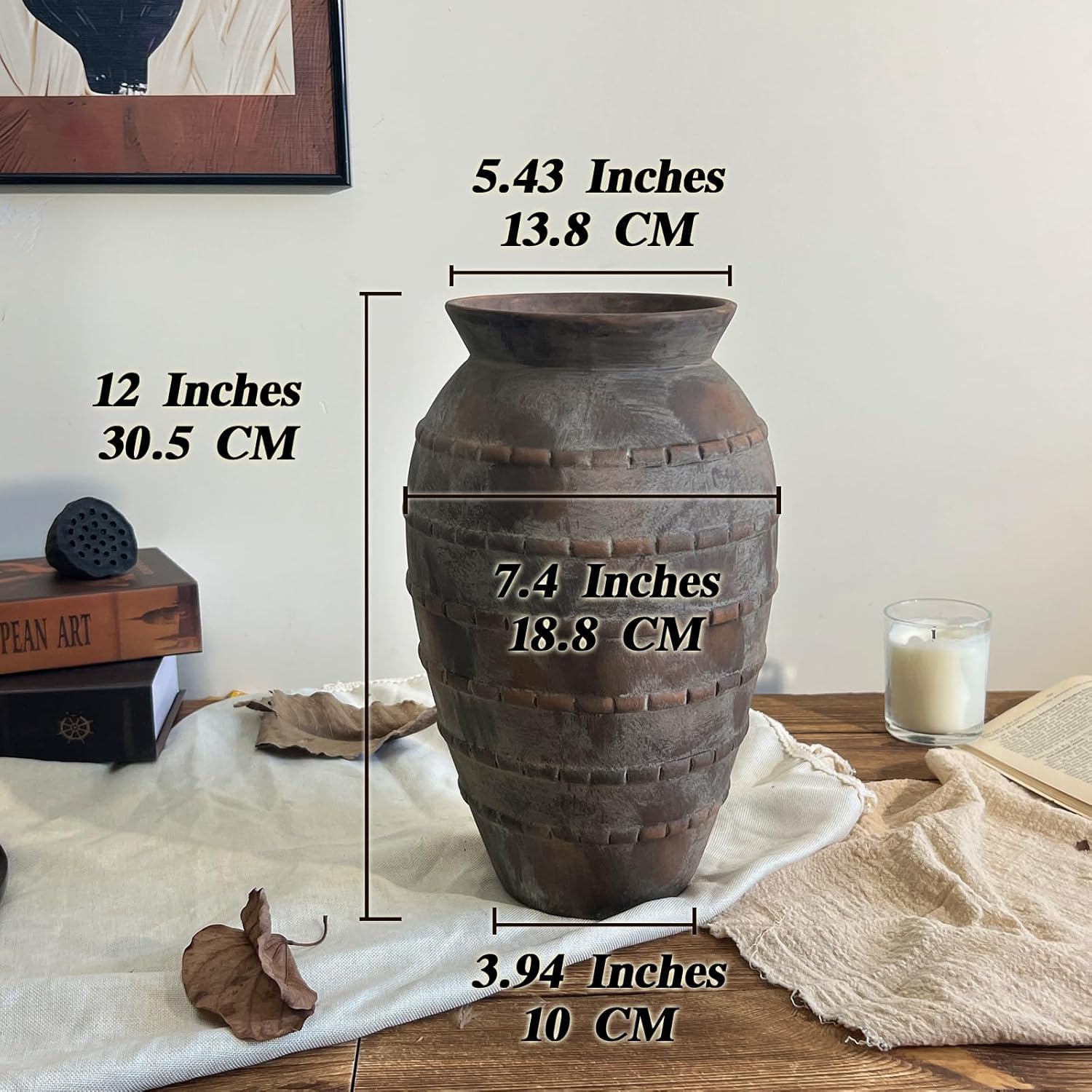 Farmhouse Decor Brown Ceramic Vase, 12 Inch Rustic Pottery Vase for Living Room & Table Centerpieces, Handmade Flower Vases for Rustic Mantel & Home Decor