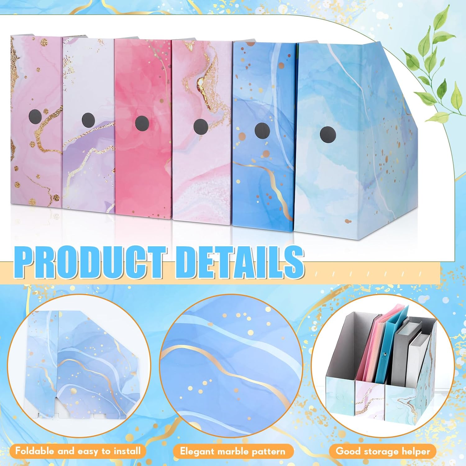 PerKoop 12 Pcs Decorative Magazine File Holders Floral Foldable File Folders Magazine Storage Boxes Rack Desk Organizer Documents with Printable Labels for School Office Home (Marble)