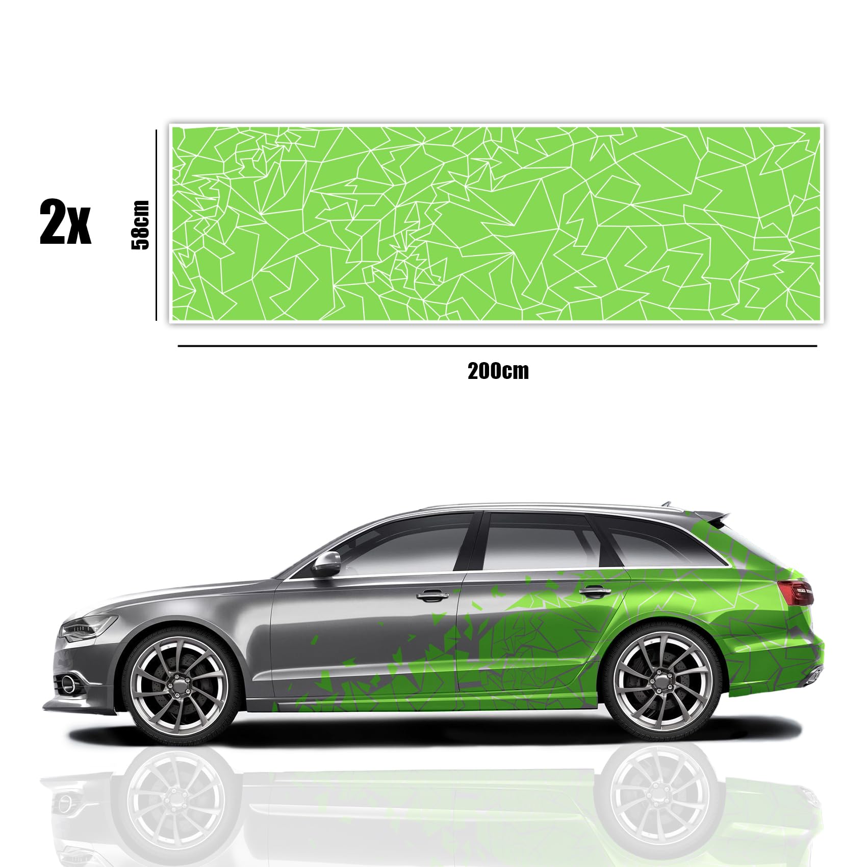 Finest Folia Set di 2 Adesivi XXL per Auto Mosaico, 58x200cm cad. Design Geometrico per Fiancate Auto, Moto, Camper. Sticker Tuning Effetto Vetro Rotto Camouflage KX074 (Verde)