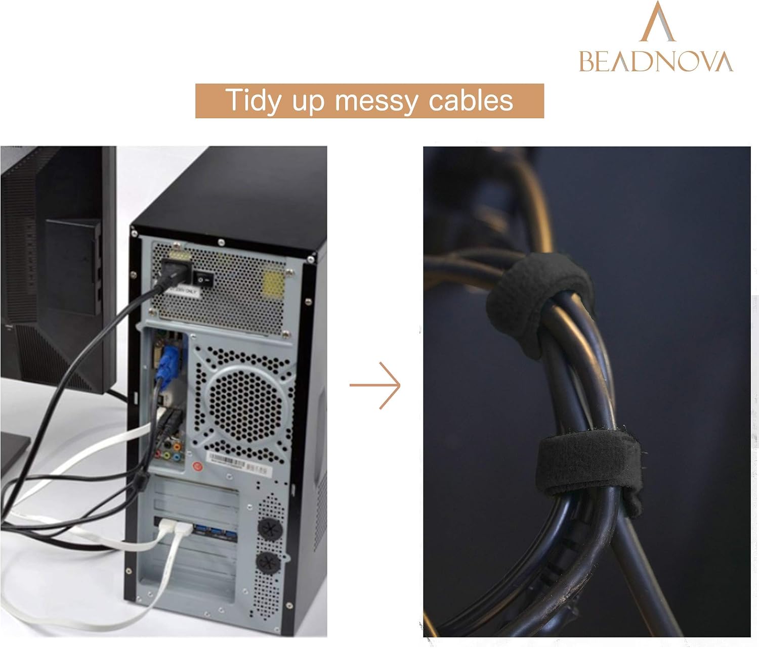 BEADNOVA Reusable Cable Straps Adjustable Cable Ties Cord Wire Organizer for Cord Management (8 Inches, 60 Pieces, Black)