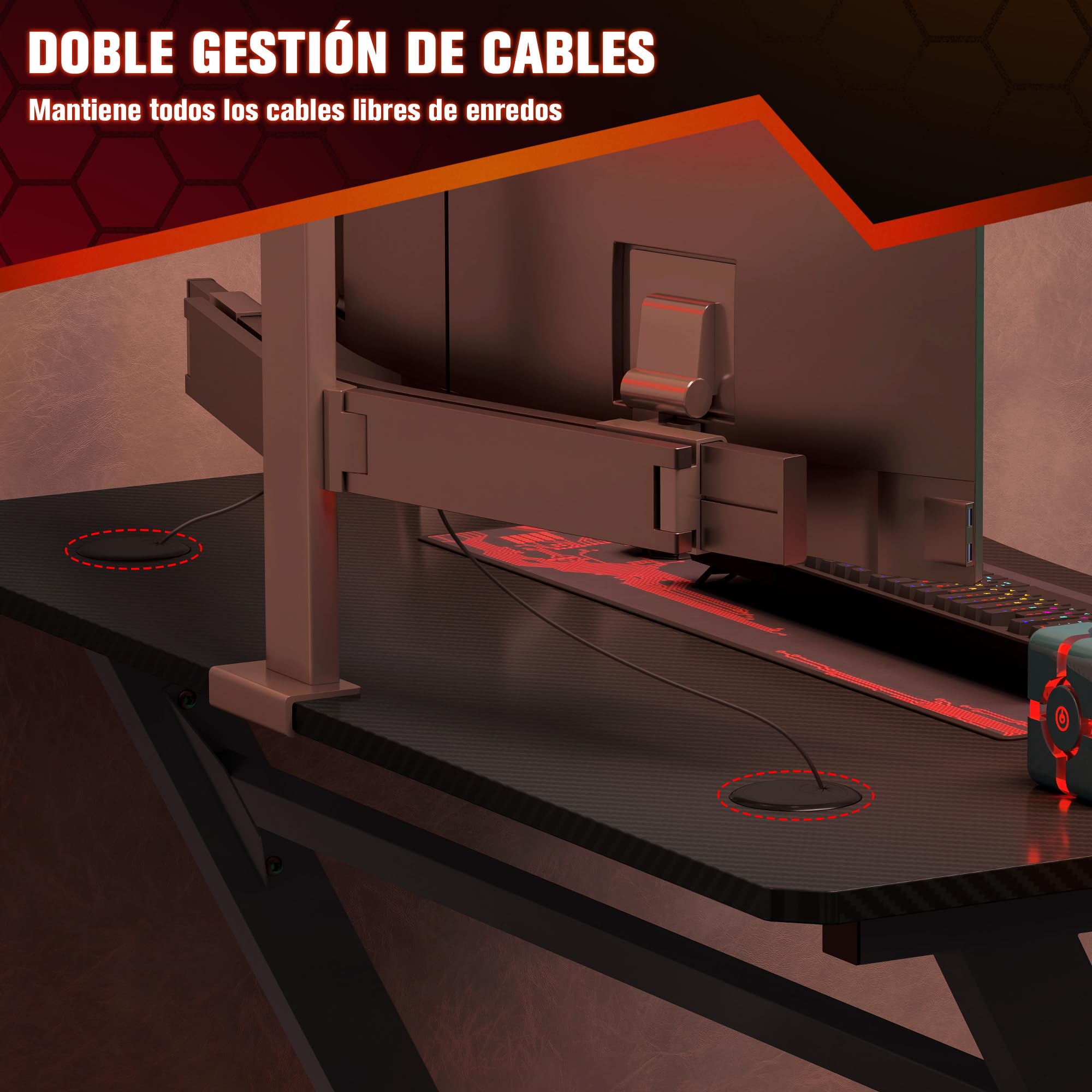 HOMCOM Mesa Gaming 120x65x74,5 cm Escritorio Ergonómico para PC Negro | Gaming Desk, Portavasos, Gancho para Auriculares, Pies Ajustables, Efecto de Fibra de Carbono