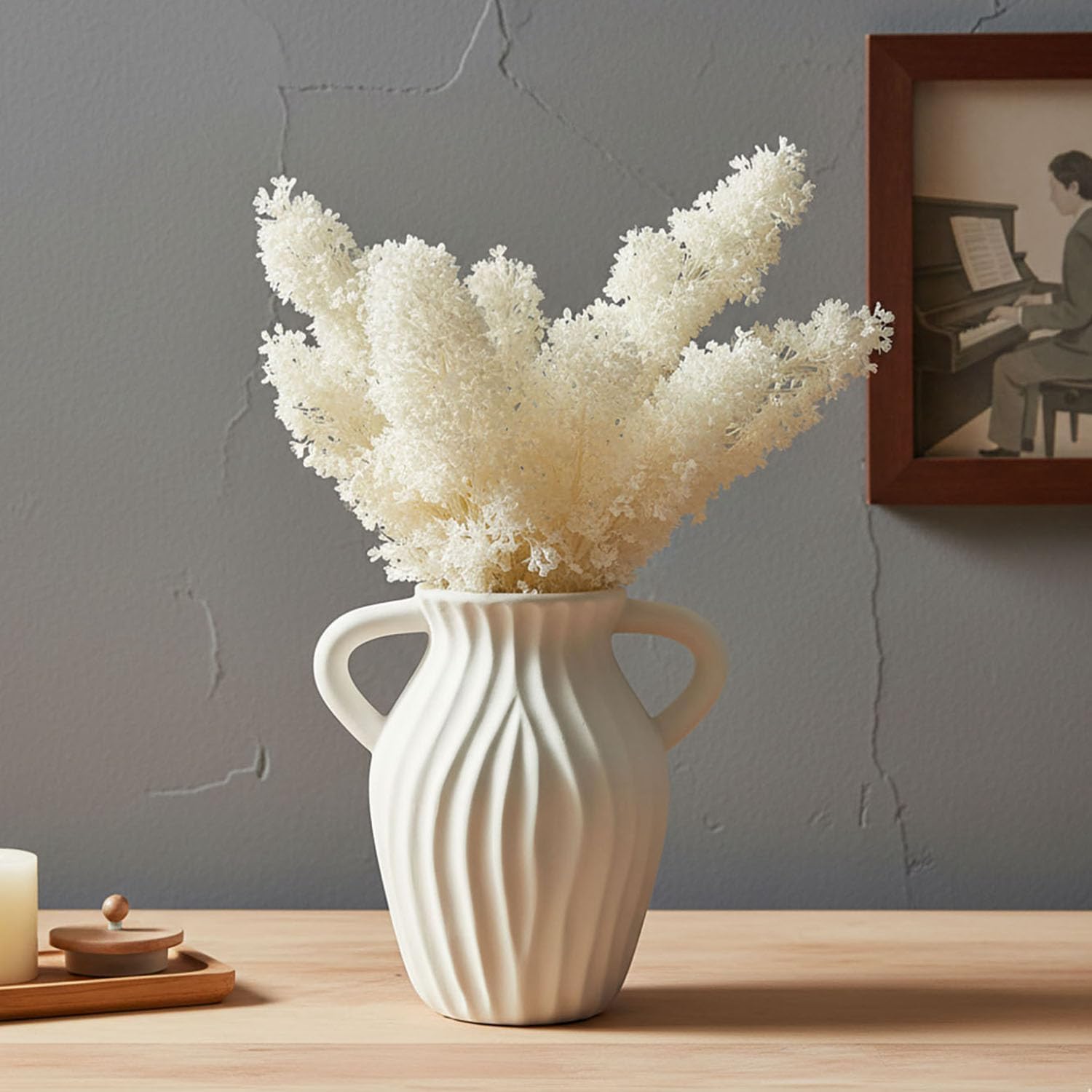 White Ceramic Vase with Double Handles, Textured Surface, 8.27" Tall, Modern Home Decor for Living Room, Bedroom, Dining Table