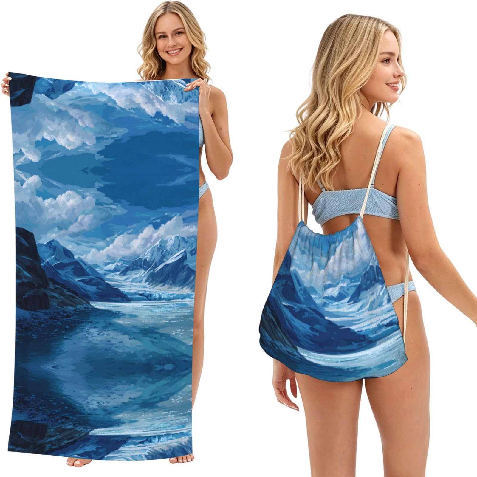 ESNAIUVCD Glacier Scenery Print Beach Towel For Adults,Towel With Drawstring Bag, Travel Pool Swimming Sports Shower Sand Free Quick Dry Bath Towel For Pool, Beach, Yoga- 180x60cm
