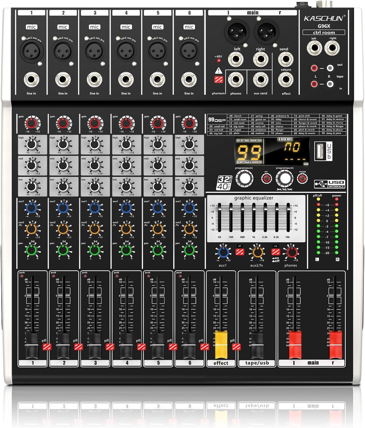 Professional Audio Mixer G96X, 6-channel 99 DSP Reverberation Effect, Digital USB MP3 input, 48V Phantom Power Stereo Suitable for PC, USB Mixer Suitable for Parties, Weddings