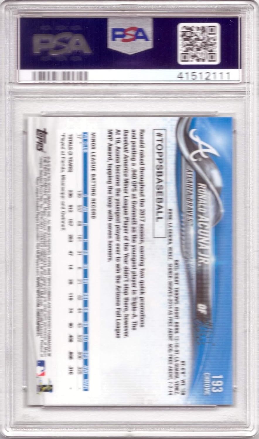 2018 Topps Chrome Baseball #193 Ronald Acuna Jr. Rookie Card Graded PSA 9 Mint