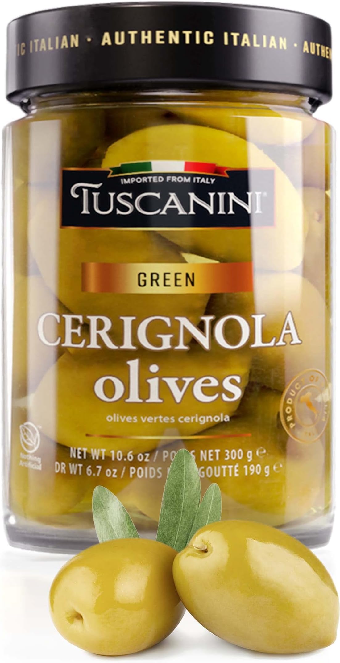 Tuscanini Premium Italian Cerignola Whole Green Jumbo Olives, 10.9oz | Mild & Smooth Flavor | Imported from Italy | Kosher