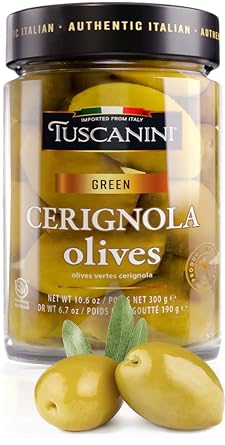 Tuscanini Premium Italian Cerignola Whole Green Jumbo Olives, 10.9oz | Mild & Smooth Flavor | Imported from Italy | Kosher
