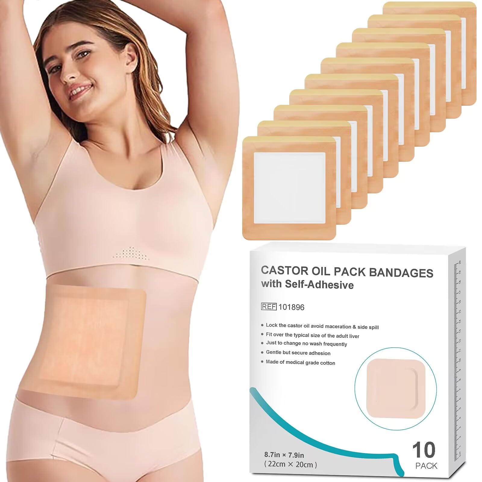 10 PCS Castor Oil Pack Wrap, Packs for Liver Detox Aid Sleep, Highly Absorbent Self-Adhesive Organic Cotton - UK Patent Protected No Wash Easy to Use Anti-Seepage (Oil Not Included)