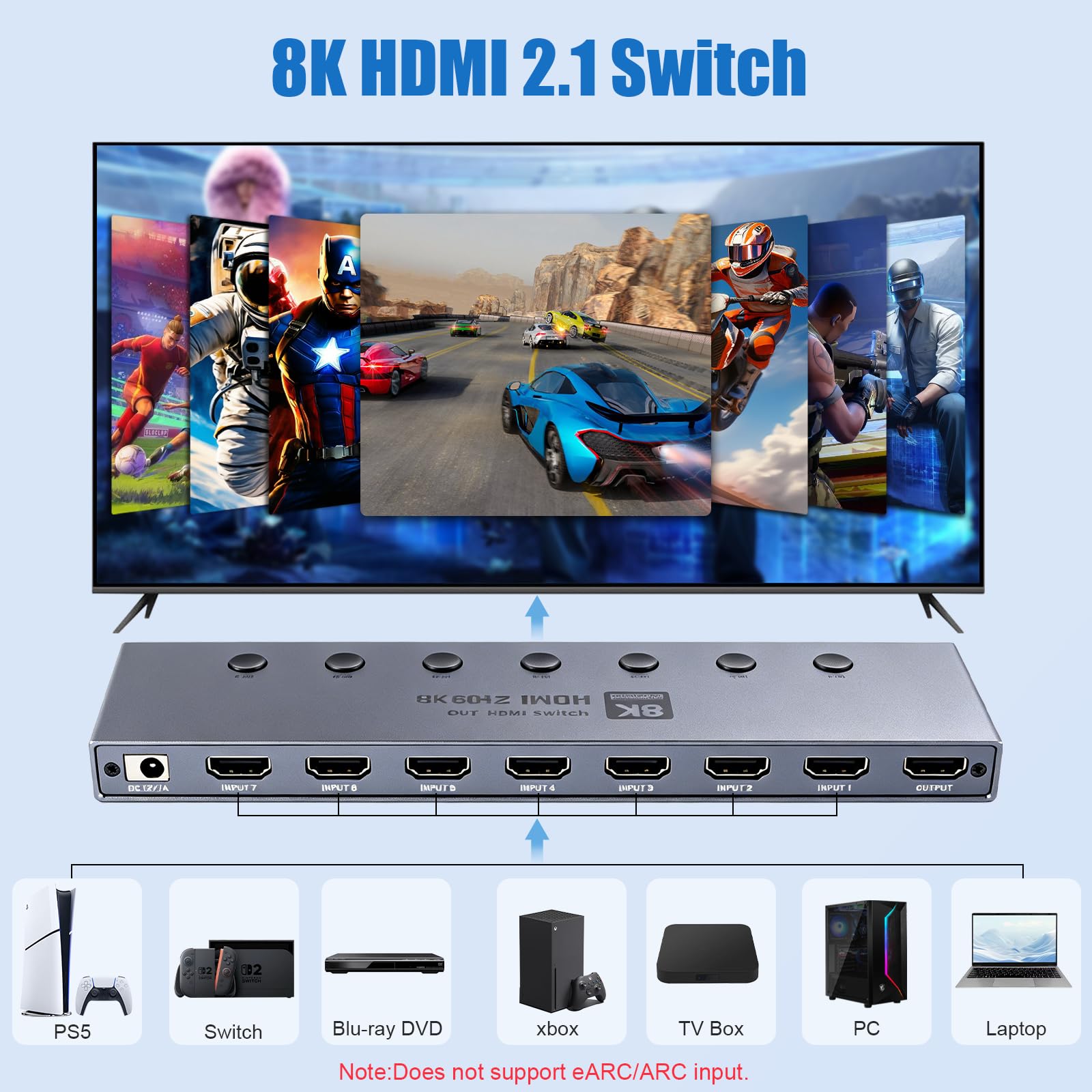 Conmutador HDMI 2.1 7x1, Tendak Aluminio 8K@60Hz HDMI Switch 7 en 1 Out HDMI Conmutador con mando a distancia IR Soporte 4K @ 120Hz/240Hz, HDR10+, HDCP 2.3
