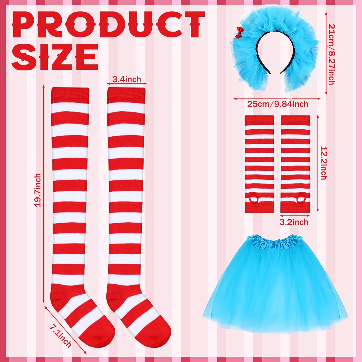 8 Pcs Women Blue Tulle Tutu Costume Set Include Red White Striped Socks Tulle Headbands Arm Warmers for Cosplay - Image 2