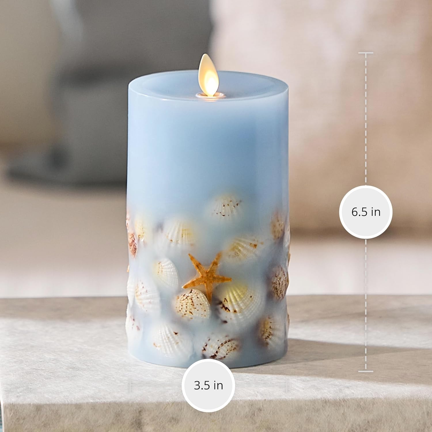 Luminara Flameless LED Candle Soft Chambray Embedded Seashell & Starfish Moving Flame Pillar Unscented Real Wax with Recessed Edge (6.5-inch)