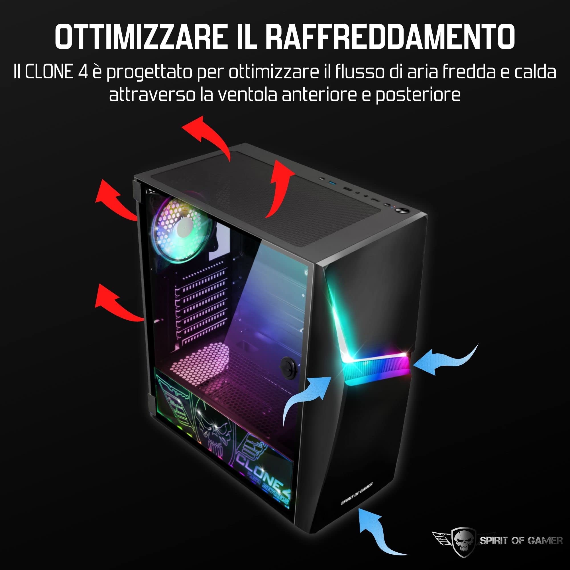 SPIRIT OF GAMER - CLONE 4 - Case PC Gaming RGB con Parete Trasparente In Vetro Temperato - Crea il tuo Tower Gamer - Case Mid Tower Compatibile ATX/MATX/ITX - 2 Ventole da 120mm Incluse