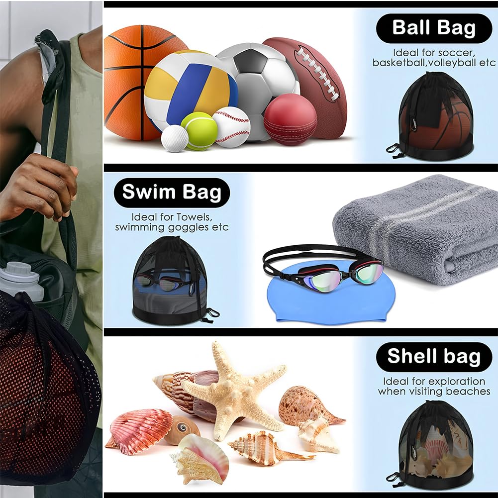 Bolsa de Malla para Pelotas Saco de Pelota con Cordón y Gancho para Baloncesto Fútbol Voleibol Negro