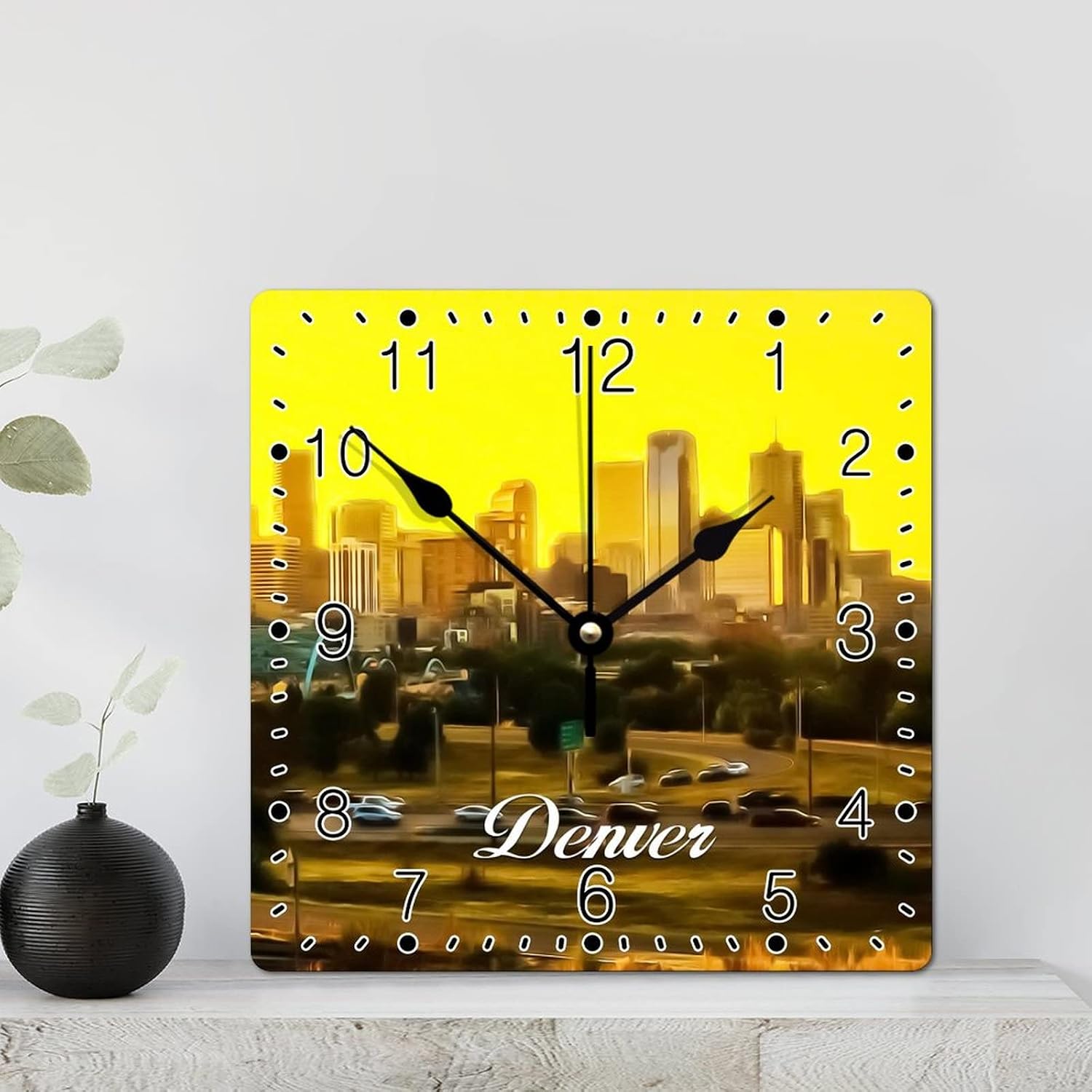 Colorado USA Cityscape Square Wall Clock Denver Travel Clock Large Wall Clocks Battery Operated 12 Inch Silent Non-Ticking Modern Home Decor Wall Decor for Home Kitchen Office School Bathroom