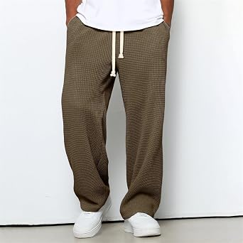 Men's Waffle Pants Casual Wide Leg Pants Baggy Drawstring Elastic Waist Sweatpants with Pockets