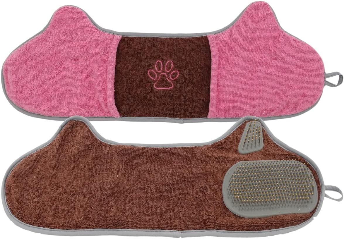 Bryer 2 in 1 Hand-Inserted Microfiber Pet Grooming Towel & Brush Brown & Pink - One Size