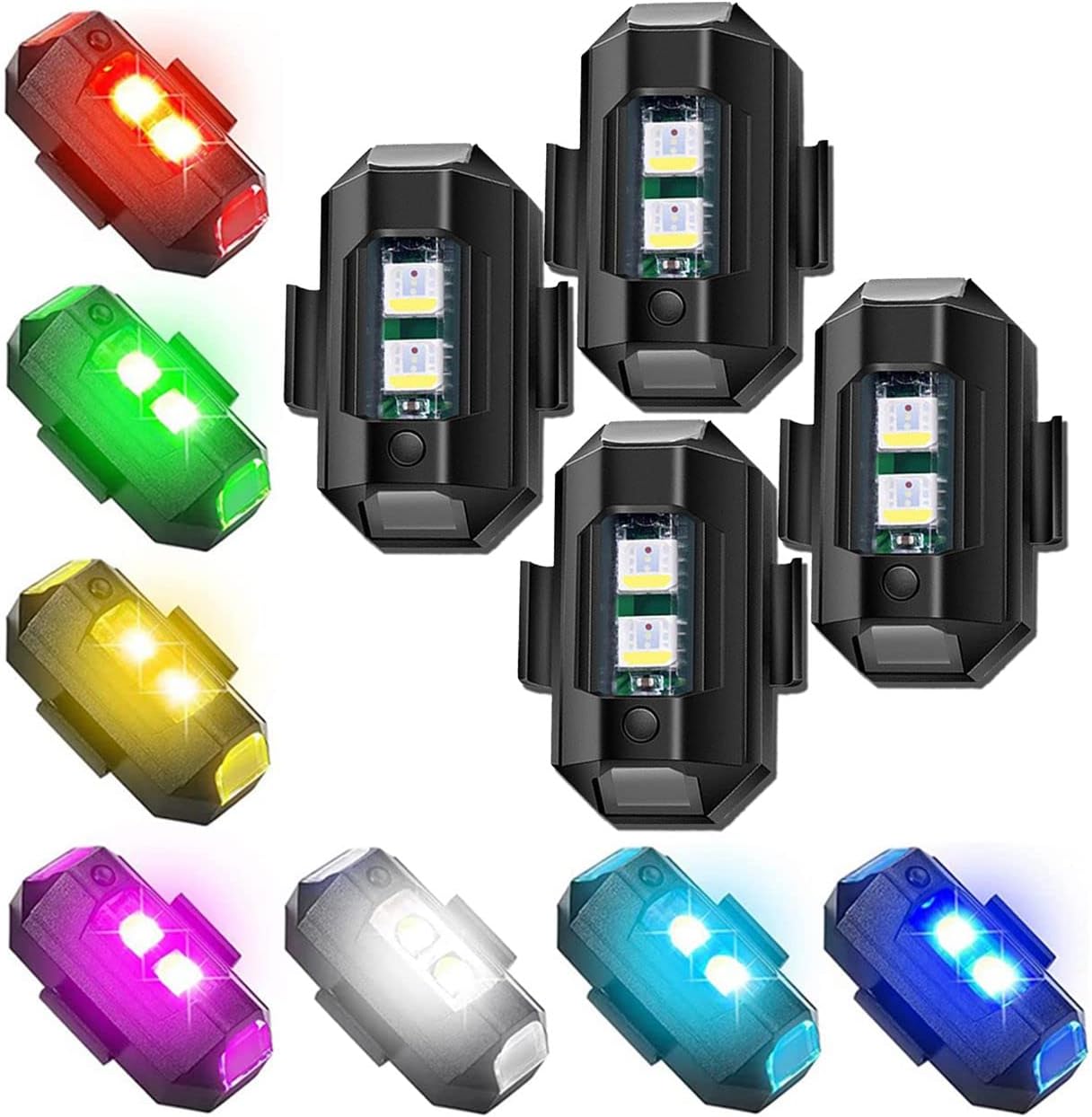 Plastic Airplane Light(7 Colors) Waterproof Universal Warning Signal Blinker Led Strobe Rechargeable Safety Light For Bike Cars Bicycle Drones Helmet(Pck Of 4)-Battery Powered,Black