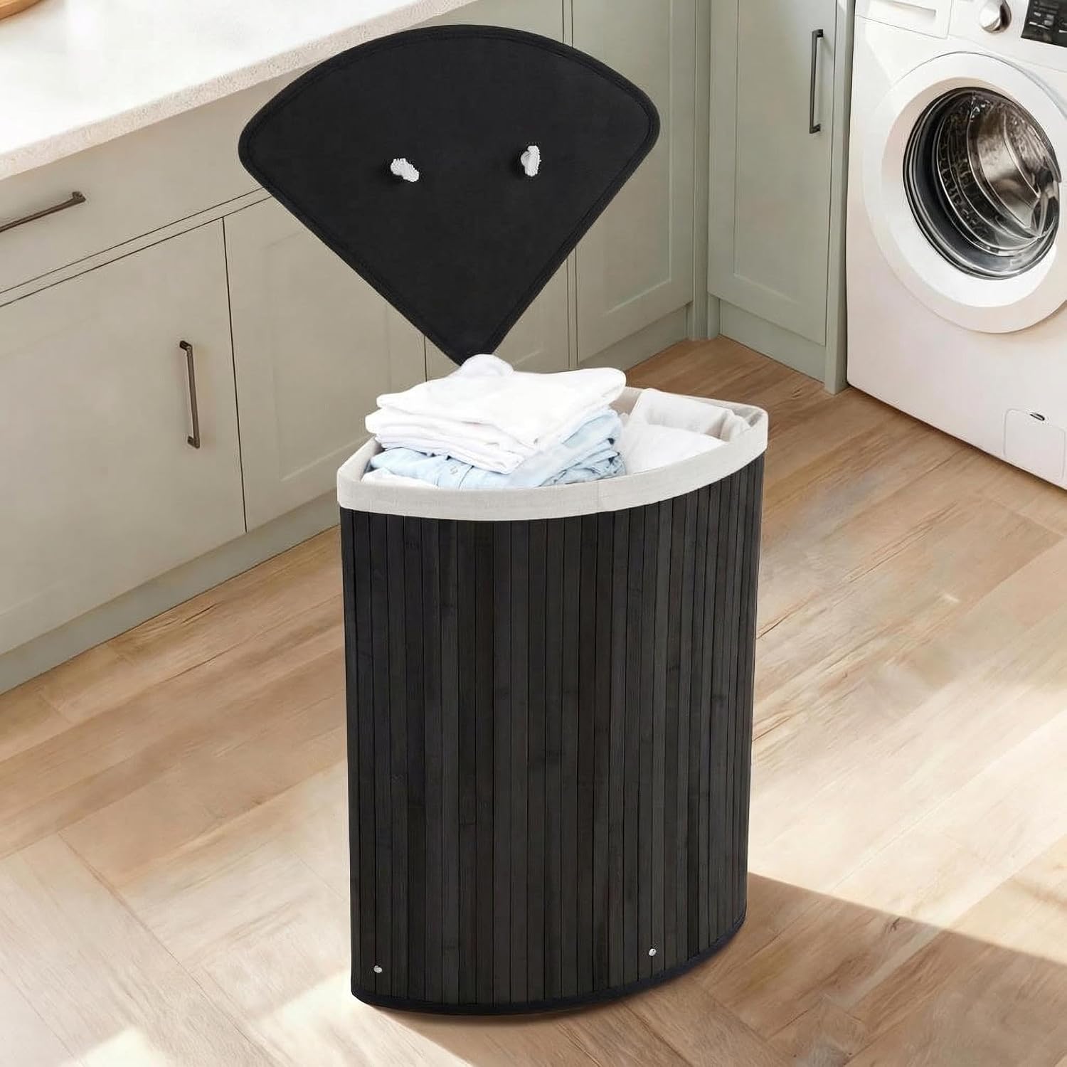 GarveeHome Folding Bamboo Laundry Hamper with Lid, 27.5 Gallon Wooden Laundry Basket with Washable Liner Bag, Slim Clothes Storage Hamper for Small Bedrooms Apartments Dorms (Black - Triangle)